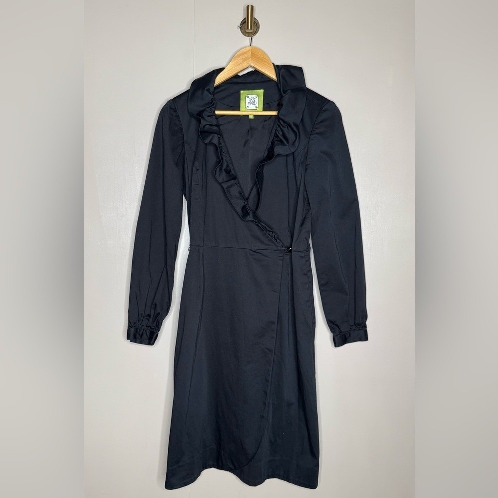 Elizabeth McKay Black Wrap Dress Sizeโ 4 Ruffle Neck Long Sleeve Cotton Blend